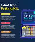 Hassle Free Swimming Pool And Spa Water Test Kit For Chlorine Bromine And Ph Including 100 Straightforward Drops, open case showing testing vials and color chart.
