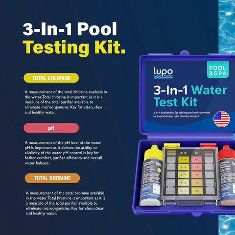 Hassle Free Swimming Pool And Spa Water Test Kit For Chlorine Bromine And Ph Including 100 Straightforward Drops, open case showing testing vials and color chart.