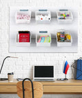 Office view of Six Pack Slatwall Bins With Hooks Set For Wall Mounted Storage holding office supplies against a brick wall.