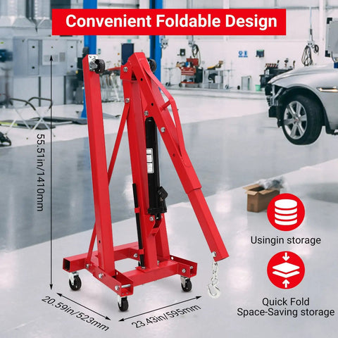 Solid 2 Ton Engine Hoist And Rolling Cherry Picker With Reinforced Casters For Garages And Shops showing foldable design and adjustable height.