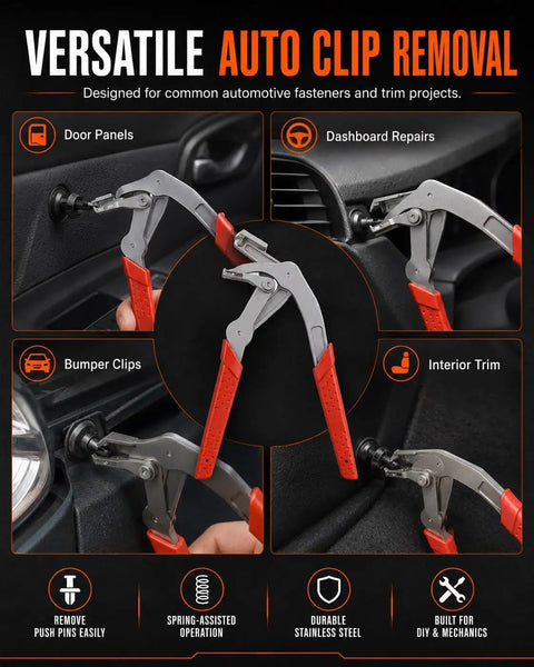 Push Pin Pliers That Make Car Clip Removal A Breeze, Quick Trim And Door Panel Clips Remover, Auto Plastic Fastener Tool Kit, Bumper Clips, Rivets, And Interior Repair Essentials stainless steel, red handles, for door panels and dashboards