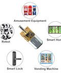 2 Pack 3V 15RPM N20 High Torque Geared Motor with Metal Gearbox for smart cars and DIY RC toys, shown with various application icons
