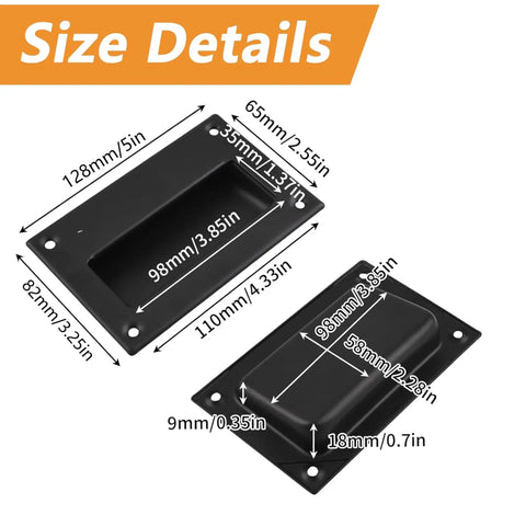 Size details for Two Pack Concealed Recessed Pull Handles For Drawers Cabinets And Sliding Doors Five Inch By Three And One Quarter Inch Stainless Steel Rectangular Hidden Flush Pulls In Black Finish With Mounting Screws.