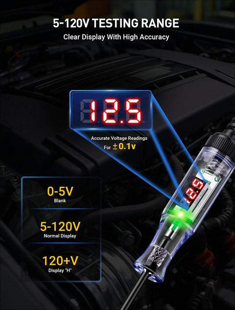 All Purpose Automotive Test Light With 5-120V LED Digital Voltage Display, Circuit Tester With Voltmeter And Dual Color Polarity Indicator, Long Probe Electrical Test Pen For Car, Truck, RV Fuse Checker showing 12.5V reading
