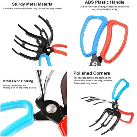 Two Pack 3 Claw Metal Fish Gripper Pliers Set For Freshwater Fishing, showing metal claws, ABS handle, and polished corners