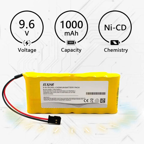 Close-up of 2-Pack 9.6V 1000mAh Ni-Cd Flat Type Battery Pack for Futaba Transmitters with voltage and capacity info.