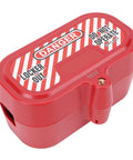 Red industrial plug lockout box with self locking design and integrated lock cylinder for safety during equipment maintenance