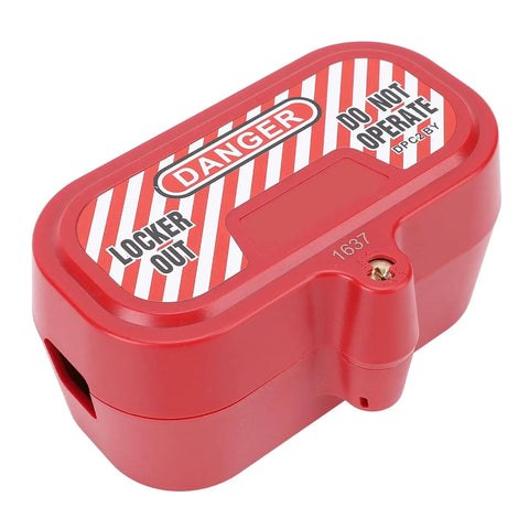 Red industrial plug lockout box with self locking design and integrated lock cylinder for safety during equipment maintenance