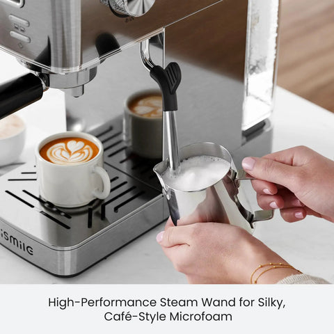 Quick Heat 20 Bar Espresso Machine With Integrated Milk Frother For Silky Lattes And Cappuccinos Boasting Rapid Boiler And Spacious Removable Tank Designed For Reliable Daily Grind Sessions And Consistent Home Barista Pulls Stainless Finish, featuring a steam wand and milk pitcher.