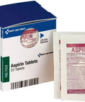 First Aid Only aspirin tablets box, blue and white packaging, with two refill packets