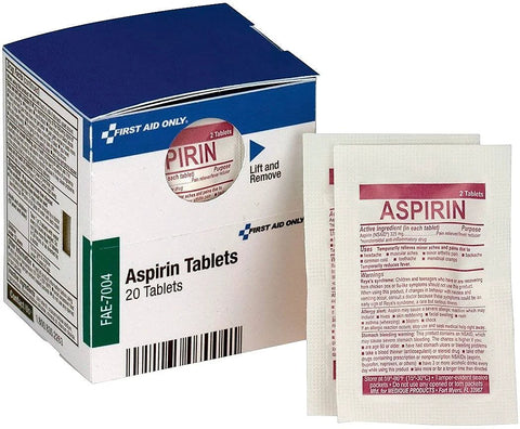 First Aid Only aspirin tablets box, blue and white packaging, with two refill packets