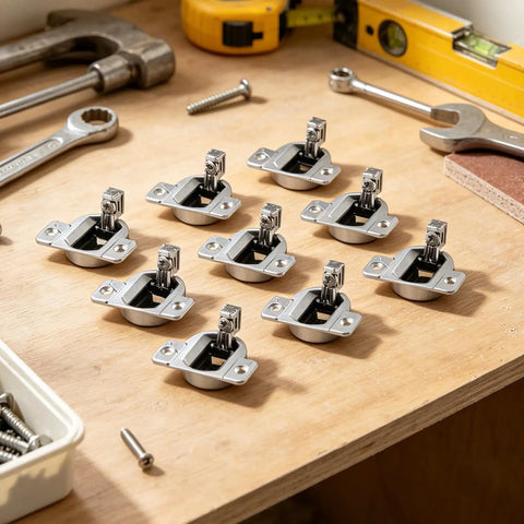 Effortless Cabinet Hinge Replacement Kit components laid on a wooden workbench with tools, designed for busy kitchen cabinets.