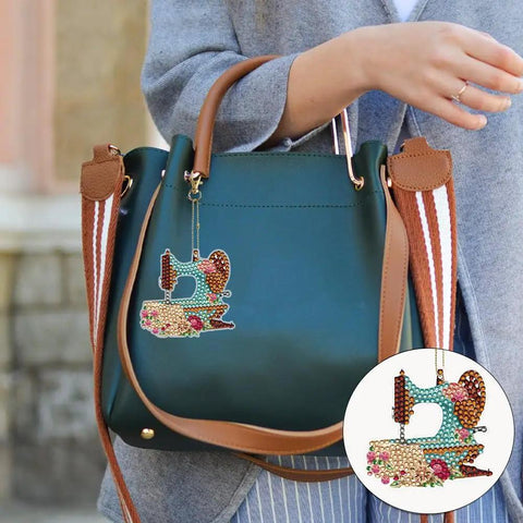 Woman with bag featuring Six Piece DIY 5D Sewing Machine Diamond Painting Keychain Kit Set Double Sided Special Shape Dope Accessory