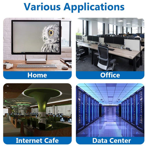 Various applications of the Ultra Fast Cat8 Ethernet Cable 50 Ft Flat Shielded for home, office, internet cafe, data center.