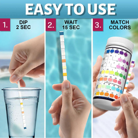 Affordable 7 Way Pool Test Strips Kit For Hot Tubs And Spas with strip being dipped, held, and compared to color chart