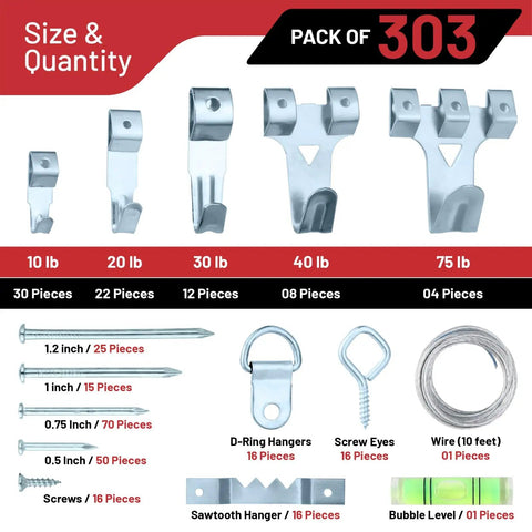 303 Piece Picture Hanging Kit With Heavy Duty Hooks includes various sizes of steel hooks and accessories for wall mounting.