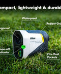 Coolshot ProIII Stabilized Golf Laser Rangefinder with Waterproof 6X Monocular Optics on grass, highlighting features.