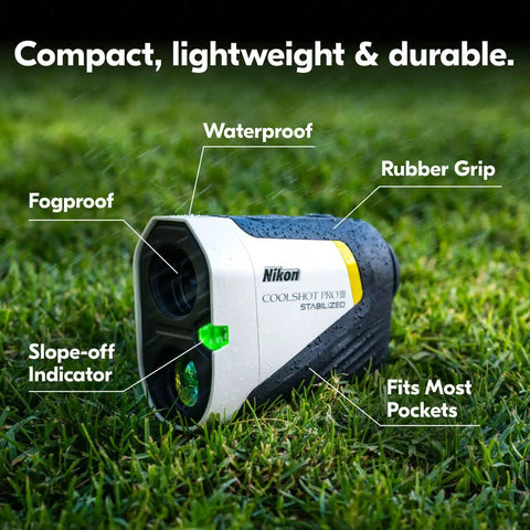 Coolshot ProIII Stabilized Golf Laser Rangefinder with Waterproof 6X Monocular Optics on grass, highlighting features.