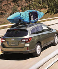 SUV with kayak on roof secured by Beefy 16 Foot Tie Down Straps With Rubber Padded Cam Lock Buckle, 1 Inch Wide, 600 Lb Working Load