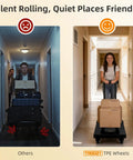 Comparison of noisy vs quiet No Assembly Folding Hand Truck Dolly Cart With 440 Lb Capacity in hallway, highlighting silent wheels.