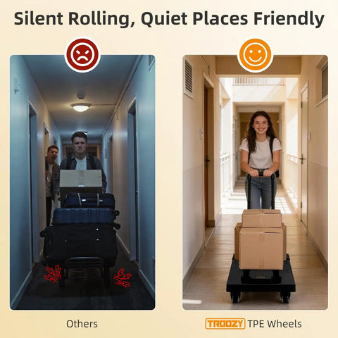 Comparison of noisy vs quiet No Assembly Folding Hand Truck Dolly Cart With 440 Lb Capacity in hallway, highlighting silent wheels.