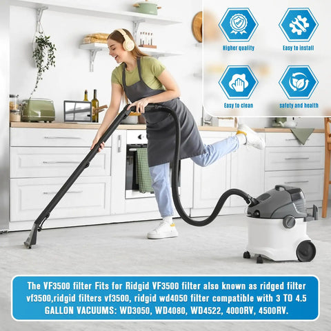 Person using vacuum with VF3500 Replacement Filter Two Pack For 4 Gallon Wet Dry Shop Vacuums, kitchen setting.