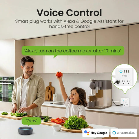 Smart Power Strip Surge Protector With 6 In 1 WiFi Outlets in kitchen, controlling devices via Alexa, shown in use with smart speaker