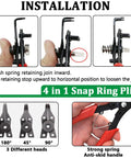 Installation guide for 304 Stainless Pro Grade Snap Ring Kit With 502 C Clips And 300 E Clips, featuring pliers with three heads.