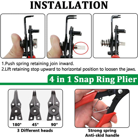 Installation guide for 304 Stainless Pro Grade Snap Ring Kit With 502 C Clips And 300 E Clips, featuring pliers with three heads.