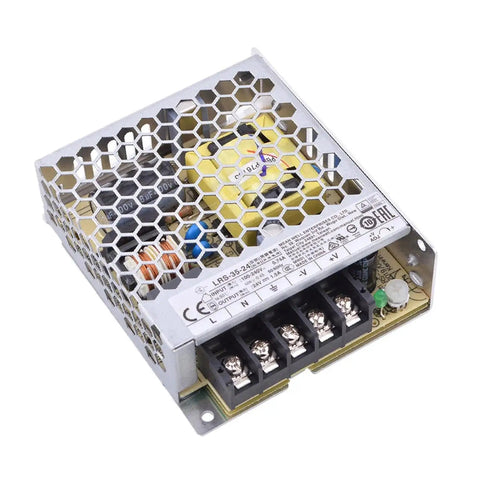 Beefy 35 Watt 24 Volt Switching Power Supply With Hella Efficient Universal 85 To 264 Vac Input Super Sleek Metal Cover for Industrial Automation.