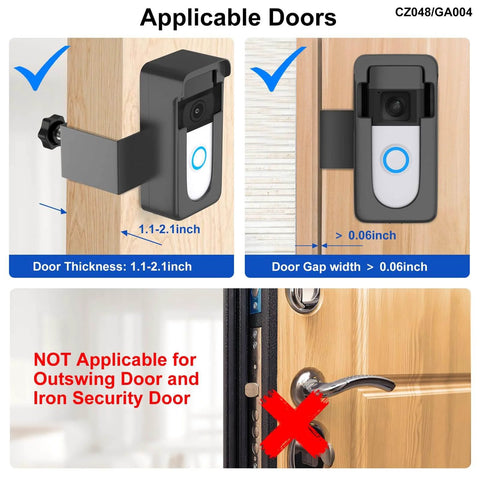 Anti Theft Doorbell Mount For Battery Video Doorbell Models 1 2 3 3 Plus 4 Plus Pro 2020 Release 2024 Release Adjustable No Drill Install Mount Keeps Doorbell Level And Unobstructed Motion Sensor Fits Battery Doorbells shown on wooden door installation.