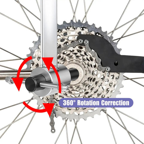 Derailleur Hanger Alignment Gauge Tool For 20 To 29 Inch Bikes showing 360° rotation correction on bike wheel