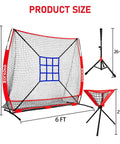 6x6 Ft Portable Baseball And Softball Practice Net With Sturdy Bow Frame, Batting Tee, Ball Caddy And Strike Zone Target For Backyard Hitting, Pitching And Throwing Training, Durable Heavy Duty Net For Kids, product size dimensions.