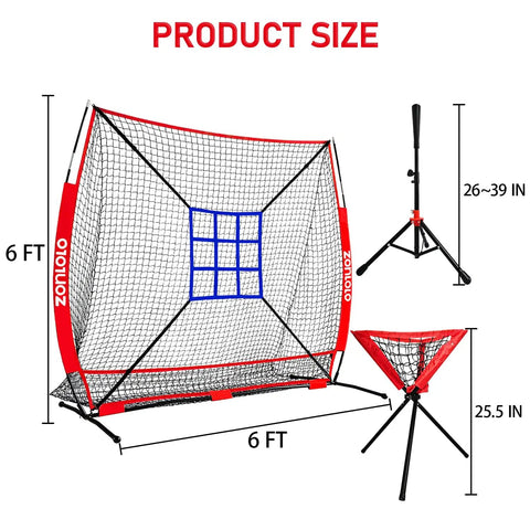 6x6 Ft Portable Baseball And Softball Practice Net With Sturdy Bow Frame, Batting Tee, Ball Caddy And Strike Zone Target For Backyard Hitting, Pitching And Throwing Training, Durable Heavy Duty Net For Kids, product size dimensions.