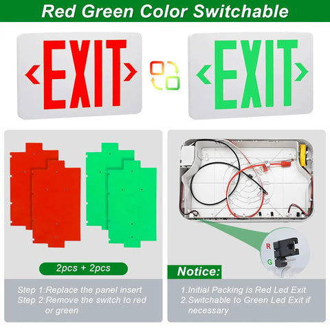 Go-To Red Green LED Exit Sign Light With Battery Backup Emergency Lighting Switchable Color UL Listed components shown