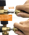 Front and side views of brass 1/4-inch NPT pressure washer quick-connect couplers set (four pairs) with male and female adapters.