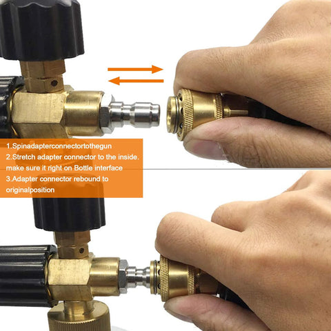 Front and side views of brass 1/4-inch NPT pressure washer quick-connect couplers set (four pairs) with male and female adapters.