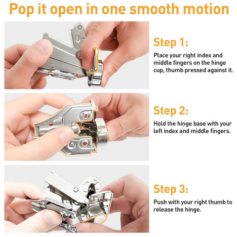 Steps demonstrating how to install Heavy Duty 175 Degree Face Frame Cabinet Hinges For Full Overlay Kitchen Doors.