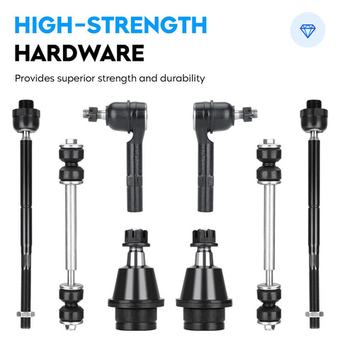 10Pc Front Upper Control Arm Set With Ball Joints For Chevy Silverado Tahoe Suburban Avalanche Yukon Sierra 1500 2007 2014 Replacement Suspension Kit Includes Left And Right Arms Sway Bar Links And Tie Rod Ends shown in durable forged steel.