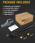 Lightweight Cordless Leaf Blower With 2.0Ah Dual Batteries And Fast Charger included in package, with box and manual shown