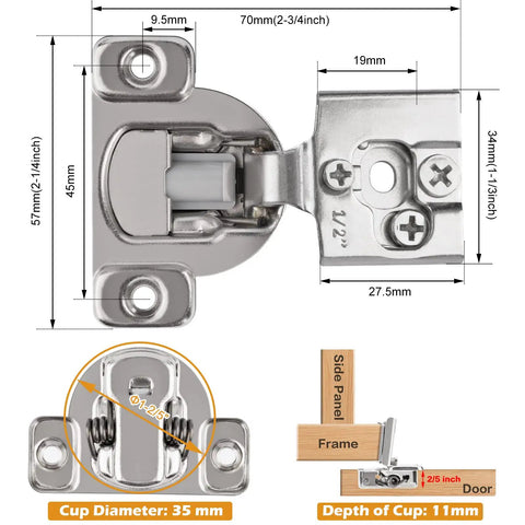 30 Pack One Half Inch Overlay Face Frame Soft Close Kitchen Cabinet Hinges With Easy Install Self Closing Concealed Hinges, dimensions detailed