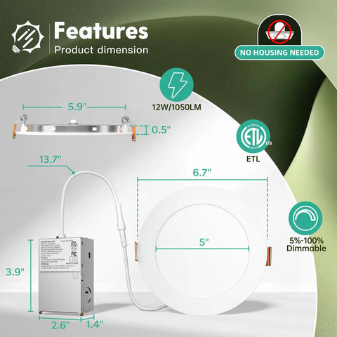 Product dimensions of 24 Piece 6 Inch Led Recessed Ceiling Lights With Junction Box, 5Cct Adjustable Kelvin Tone, 1050 Lumen Ultra Slim Trim.