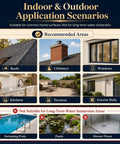 Indoor and outdoor application scenarios for Clear Waterproof Sealant, 35 Oz, including roofs, chimneys, and windows.