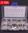 Assorted Fast Blow Glass Tube Car Fuses Kit 100 Pieces 0.2-20A and 0.5-30A with Sky Blue Box open showing fuses