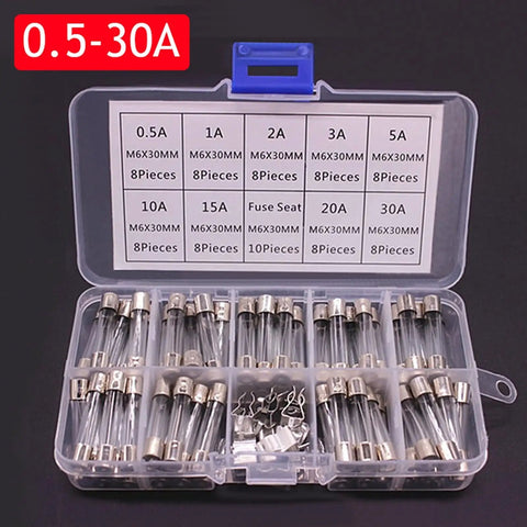 Assorted Fast Blow Glass Tube Car Fuses Kit 100 Pieces 0.2-20A and 0.5-30A with Sky Blue Box open showing fuses
