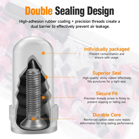 All In One Screw Type Tire Repair Kit With 60 Durable Plugs And Screwdriver, featuring double sealing design for secure fit.