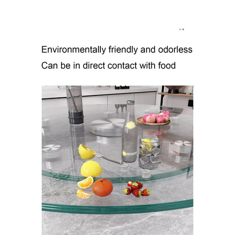 Tempered Glass Lazy Susan Turntable With Aluminum Swivel Bearing, Transparent Round Serving Tray on marble table, fruits displayed
