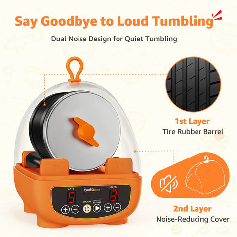 Beginner Rock Tumbler Kit With 4-Stage Silicon Carbide Grit, Leak-Proof Polisher, showing quiet motor and noise-reducing cover