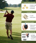 Golf course scene with golfer, text highlighting Premium Golf Gifts Set For Men And Women In A Slick Case With Gold Colored Golf Balls Tees Divot Tool Brush Green Reader Magnetic Hat Clip Scorer And Ball Clamp features, including golf balls, tees, score counter, and belt clip.