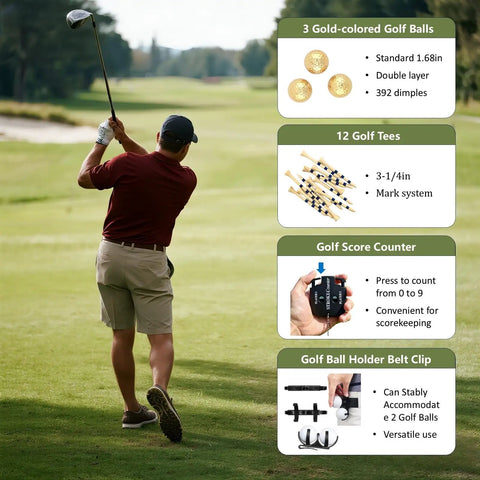 Golf course scene with golfer, text highlighting Premium Golf Gifts Set For Men And Women In A Slick Case With Gold Colored Golf Balls Tees Divot Tool Brush Green Reader Magnetic Hat Clip Scorer And Ball Clamp features, including golf balls, tees, score counter, and belt clip.